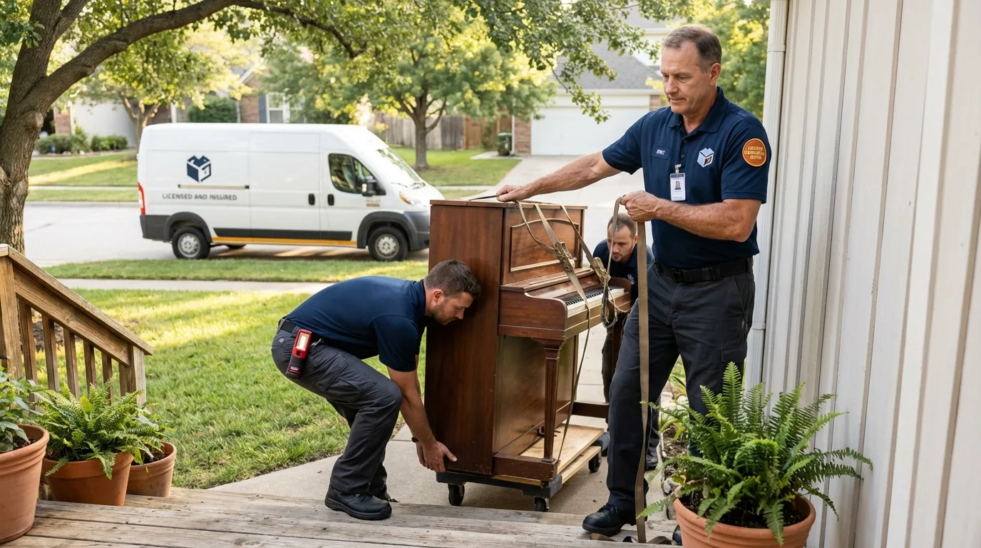 Licensed piano movers securing grand piano in Trenton, MI