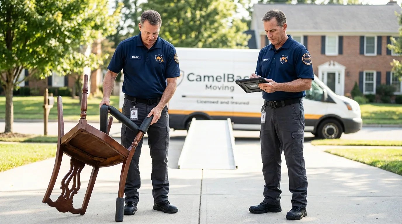 Movers inspecting furniture for damage prevention before loading in Trenton, MI