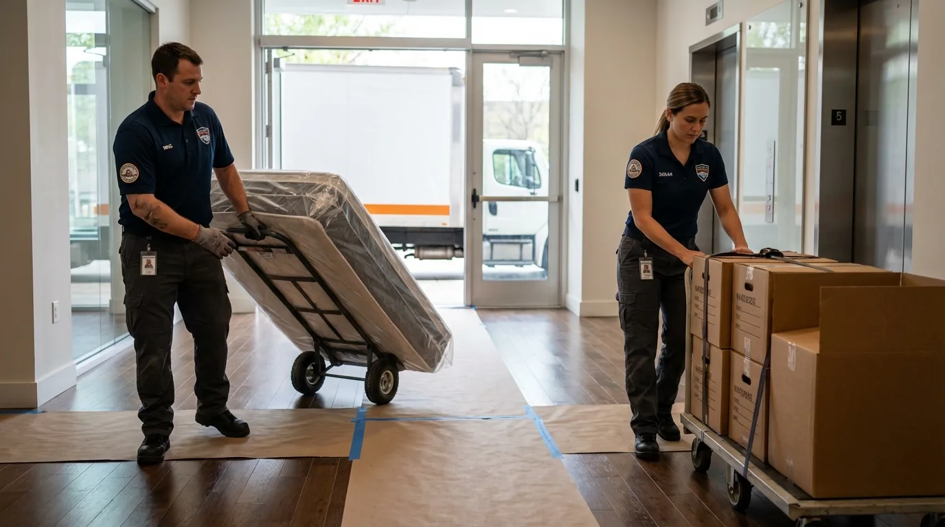 Professional apartment movers loading elevator in Trenton, MI